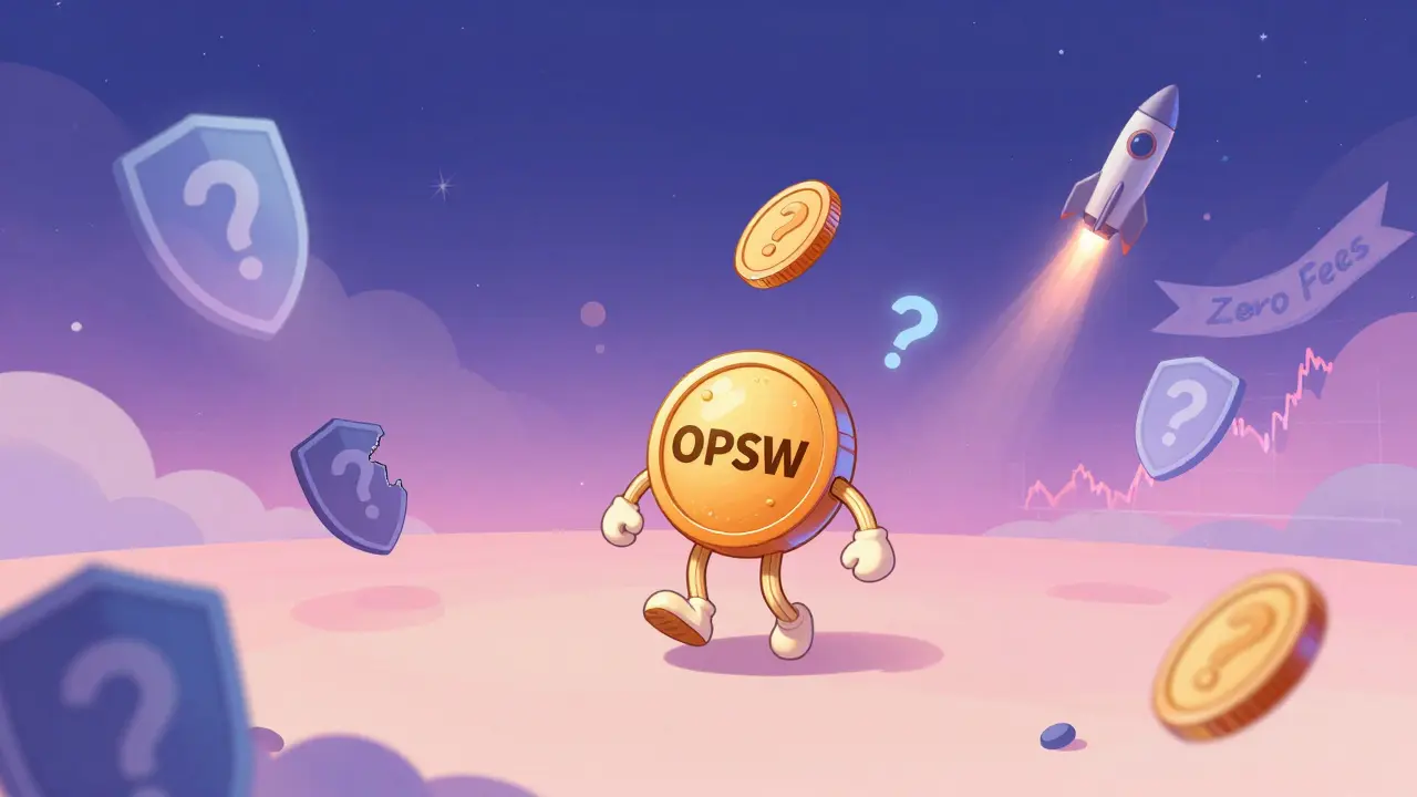 A lone OpenSwap token floats alone in space with question marks and fading charts swirling around it, under a distant Optimism rocket.