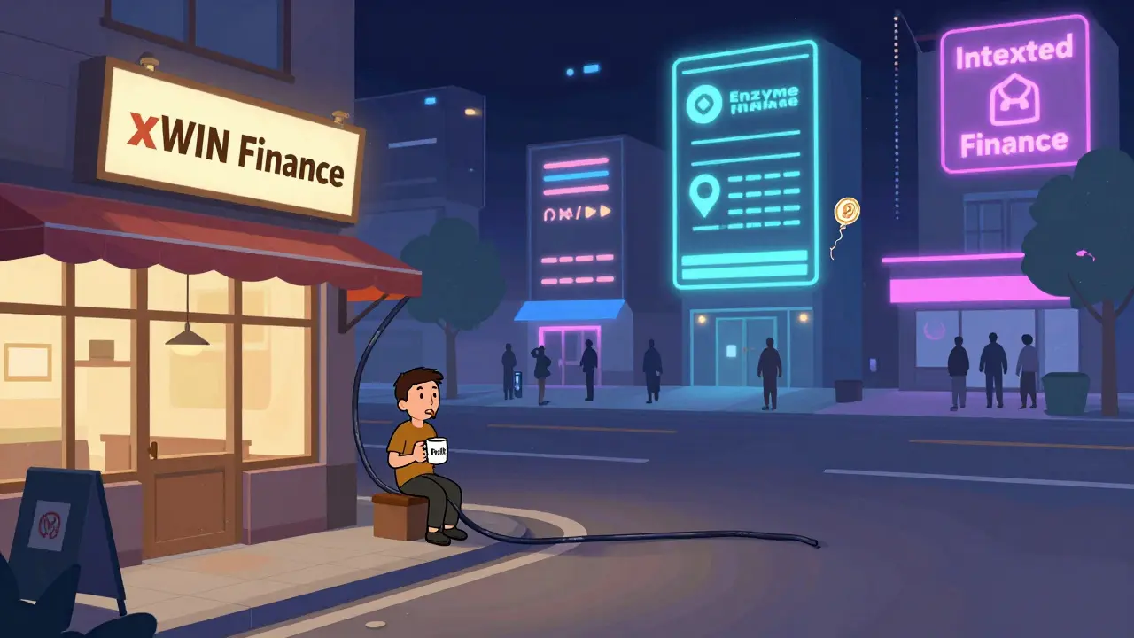 A lonely xWIN Finance coffee shop fading against bright, busy competitors in a digital cityscape.
