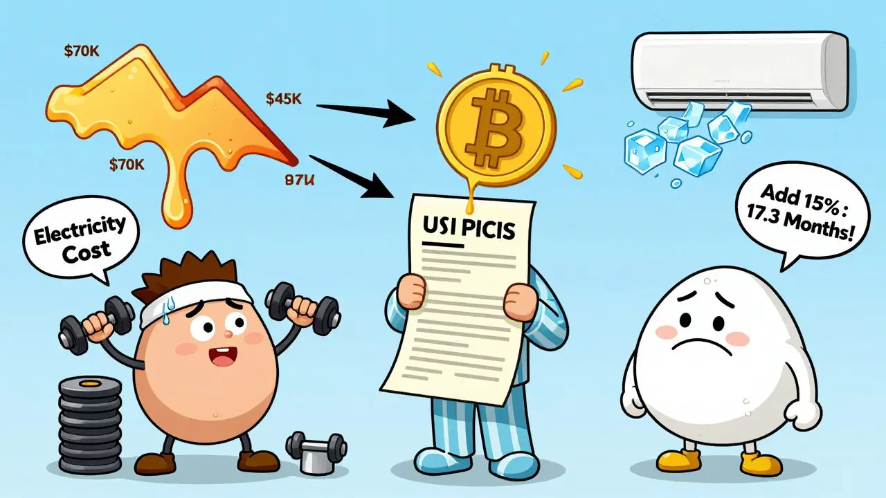 A pajama-clad miner stares at a swinging Bitcoin price chart while a miner lifts a giant electricity bill.