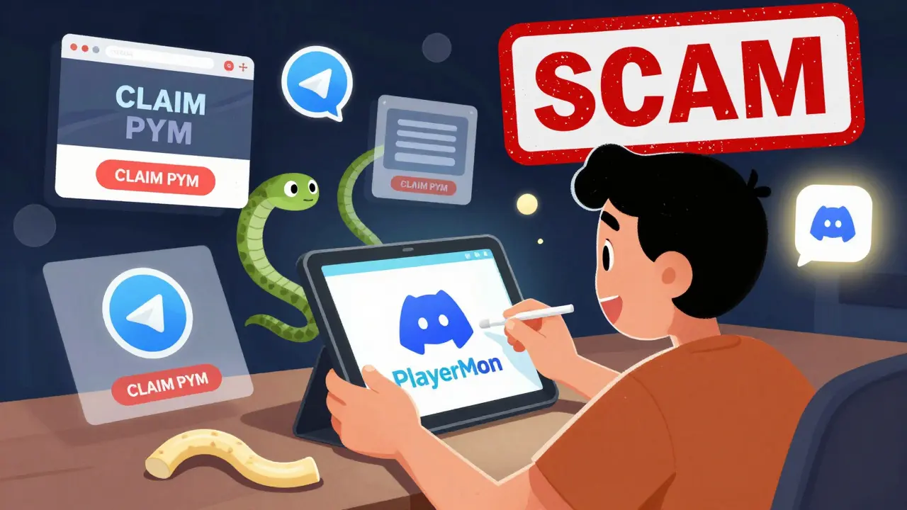 A player refreshing a tablet while surrounded by scam websites and one honest Discord notification.