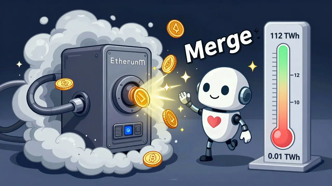 A PoW machine transforms into a happy validator robot during Ethereum's Merge, with energy use plummeting in a cartoon meter.