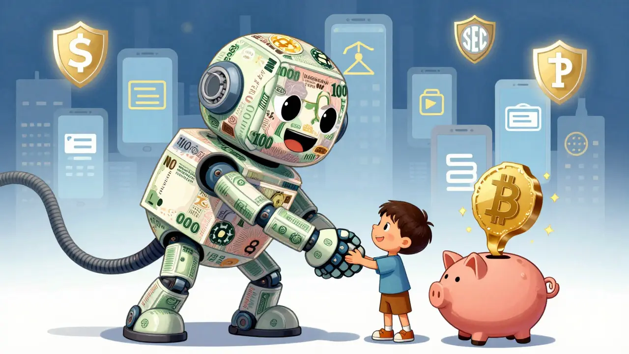 A robot made of Naira notes and crypto symbols shaking hands with a child whose piggy bank turns into a blockchain.