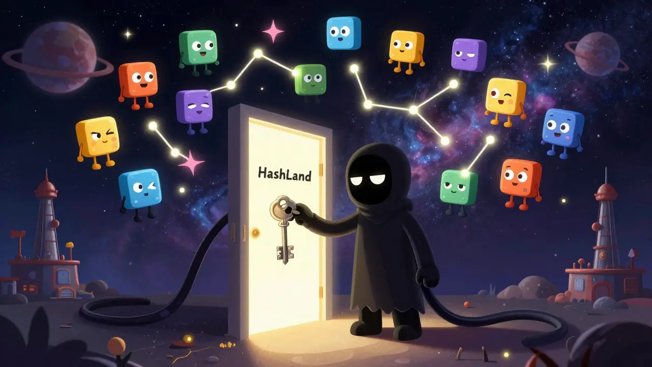 A shadowy figure unlocks a door to a constellation of 1,000 unique NFTs with silly faces, floating in a synthetic asset nebula.