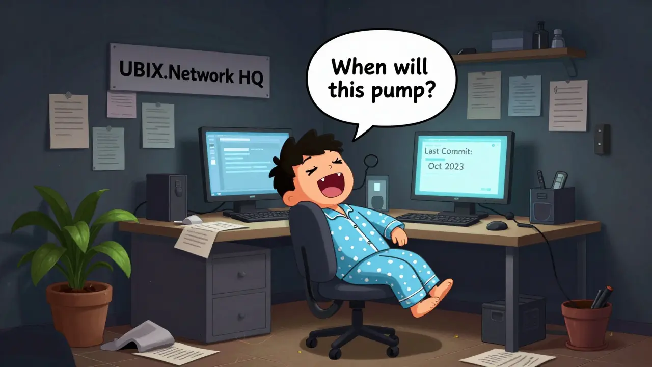 A sleepy developer at a dusty desk with a computer showing &#039;Last Commit: Oct 2023&#039;.