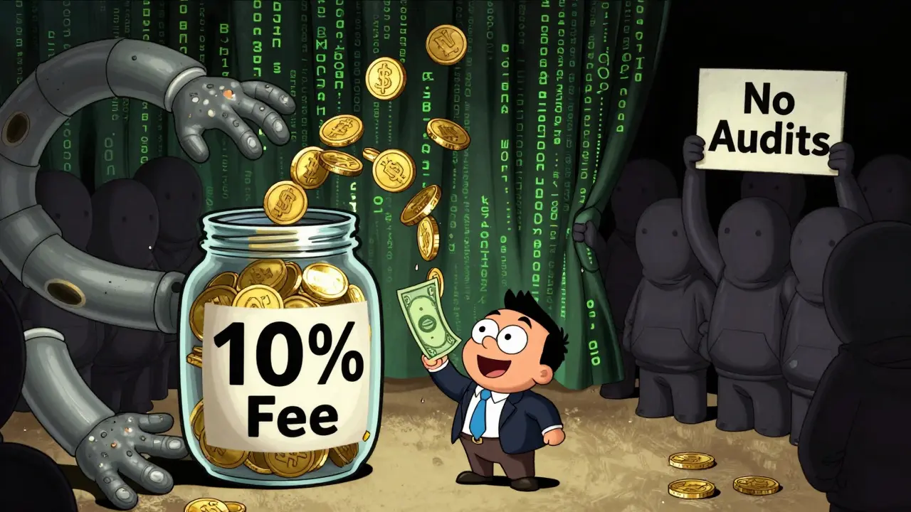 A small investor feeding money into a trader's jar while anonymous figures lurk behind a curtain of code.