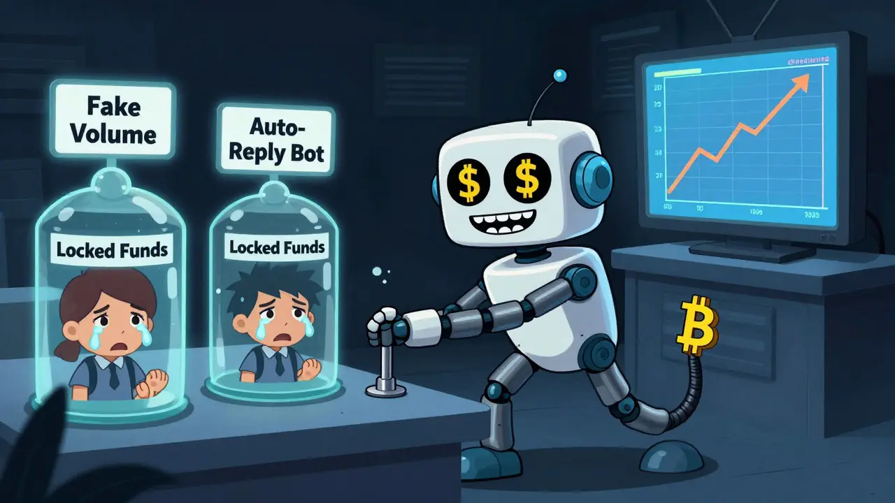 A sneaky robot manipulates fake trading volume while users are trapped in jars labeled 'Locked Funds'.
