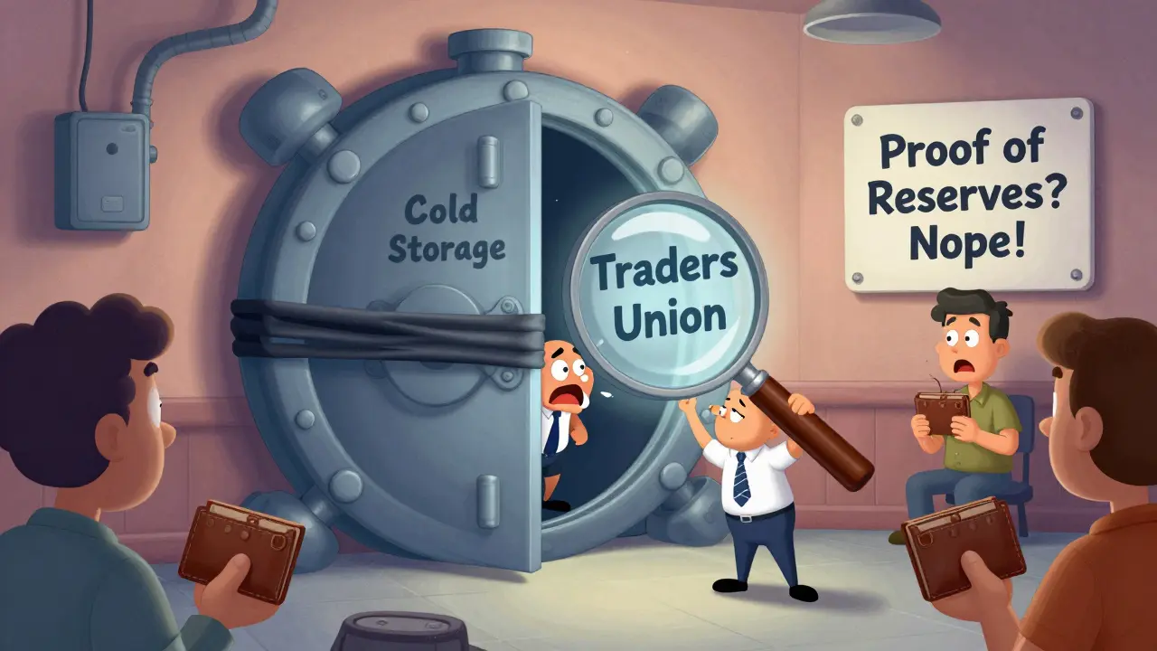 A tiny employee peeks from a vault held shut by a rubber band, while a magnifying glass exposes the lack of proof of reserves.