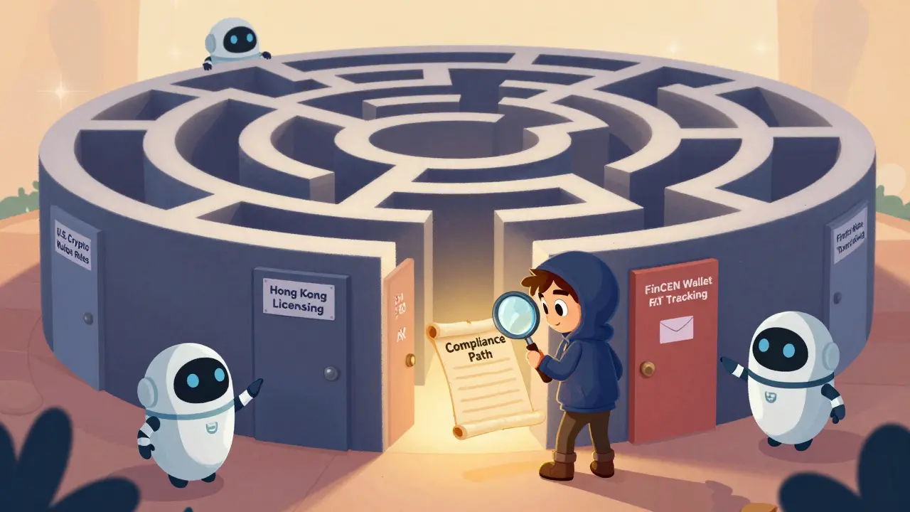 A tiny explorer navigating a colorful regulatory maze with helpful robot guides pointing the way.