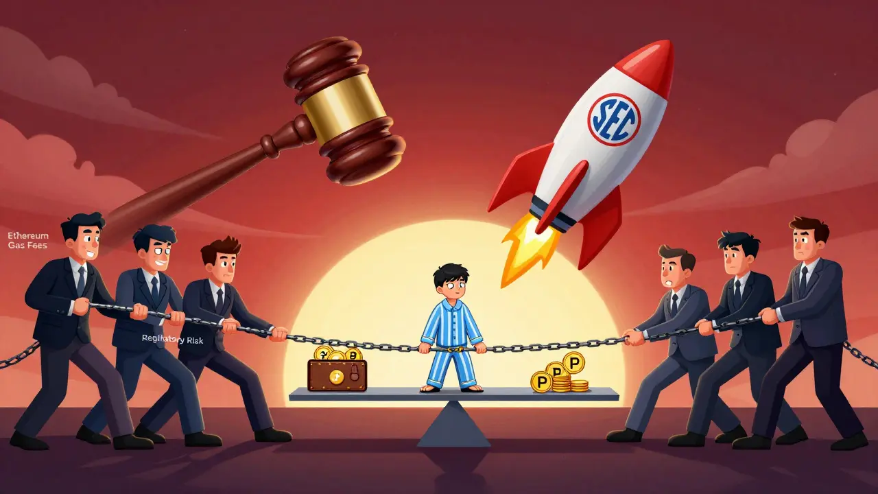 A tiny investor balances on a seesaw between regulatory risks and PinLink’s roadmap rocket, in a rubber hose animation style.