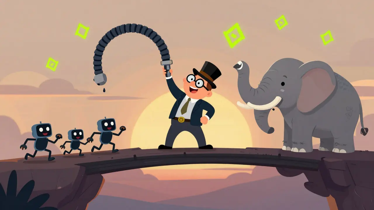 A trader on a wobbly bridge trying to fix crypto prices with a rubber hose