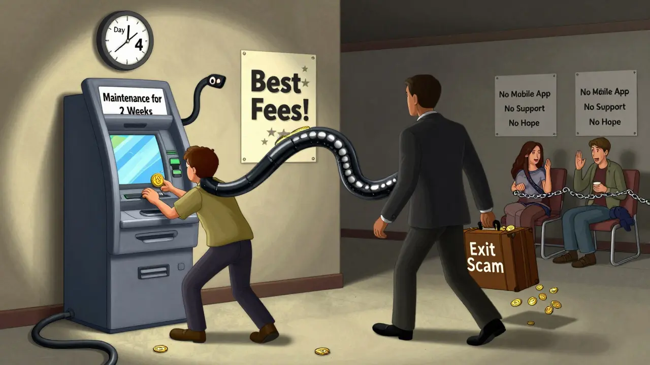 A user waits at a broken ATM stretching like a snake, while a shadowy figure walks away with stolen coins.