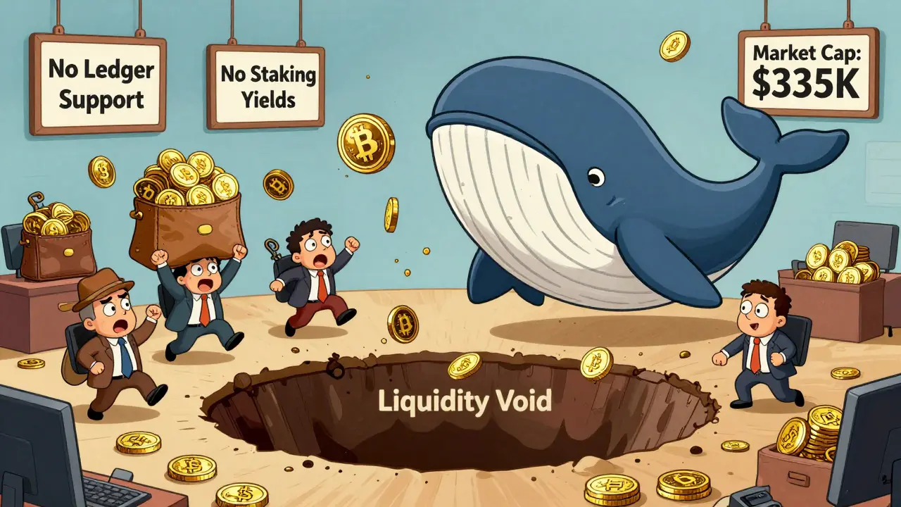 A whale tossing a UBX token into a void as confused traders jump in desperation.