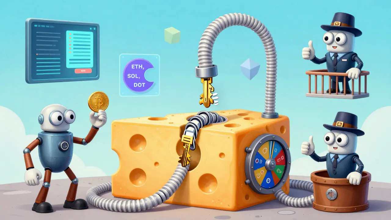 A whimsical Rube Goldberg machine shows crypto keys sliding into a Swiss cheese vault, monitored by robotic arms and a FINMA regulator.