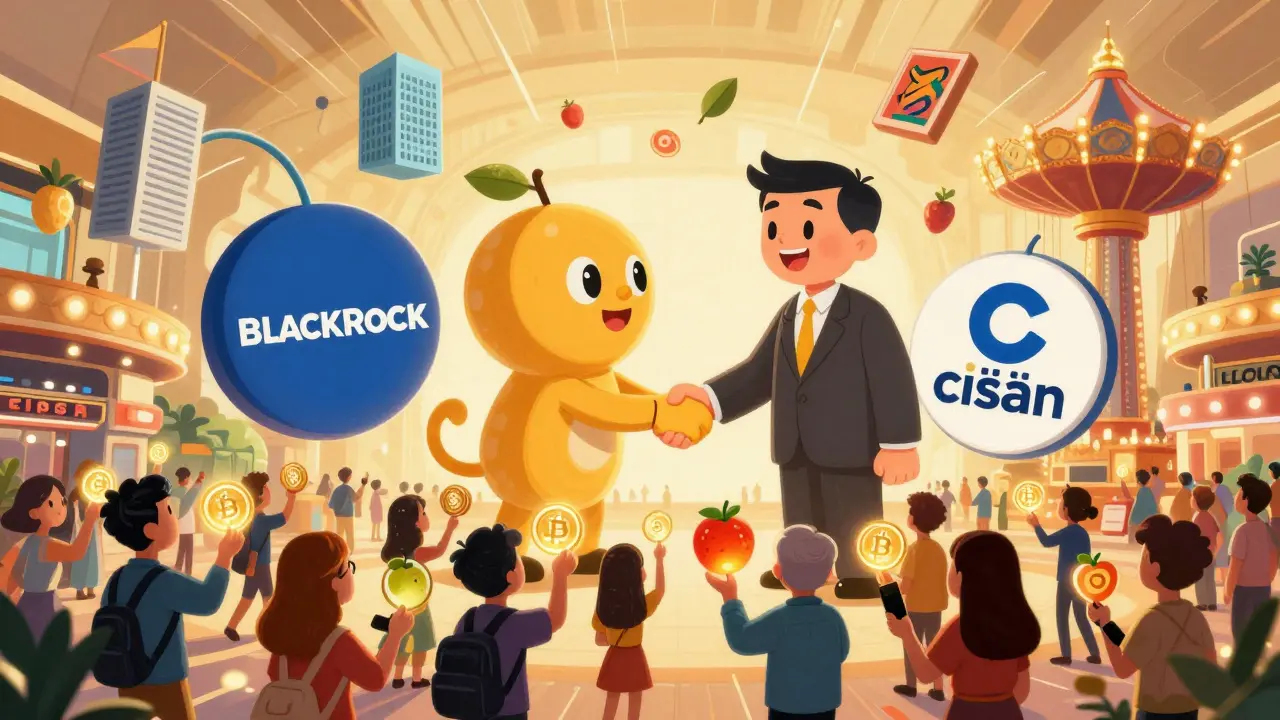 Animated crowd at Marina Bay Sands with crypto tokens, BlackRock and Circle shaking hands, tokenized assets spinning above.