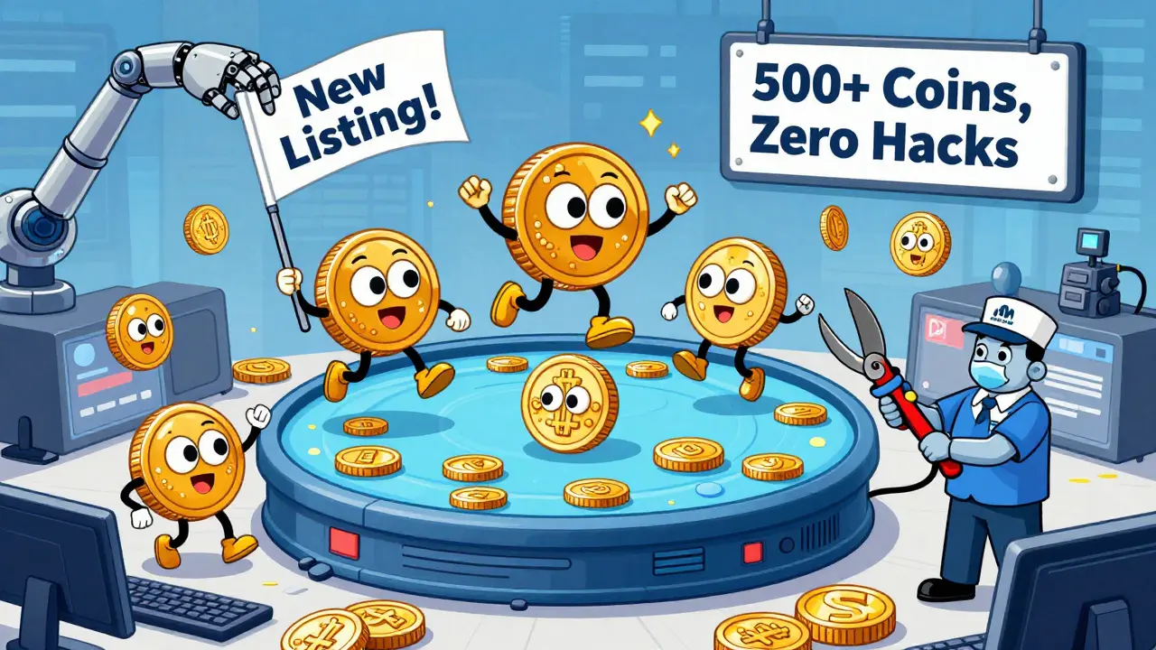 Anthropomorphic crypto coins jumping on a trading terminal while a janitor prunes underperforming tokens.