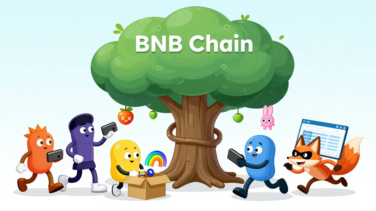 Cartoon characters connecting wallets to a wobbly blockchain tree with KAKA-rabbit NFTs hanging like fruit.