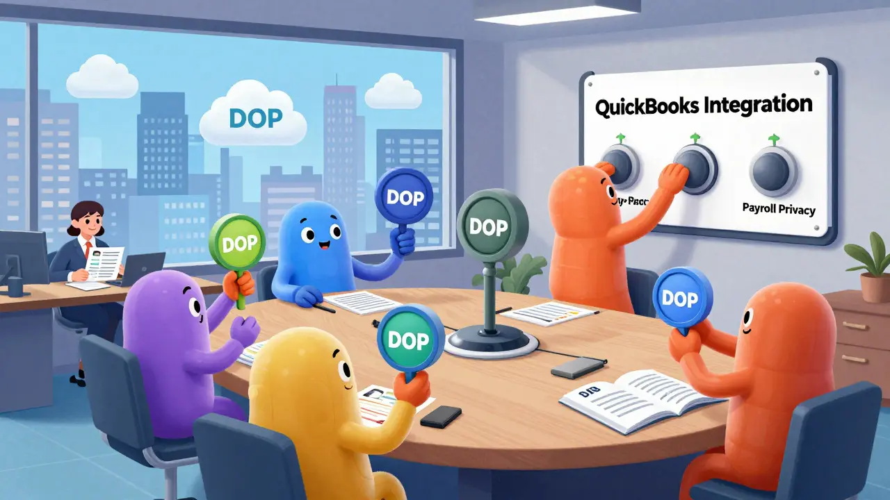 Cartoon characters vote in a floating DAO meeting, adjusting privacy controls for payroll and compliance.