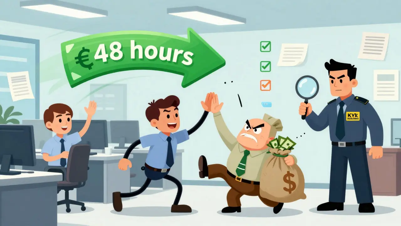 Cartoon crypto office with staff celebrating fast EUR payments while an unlicensed trader gets kicked out by a VARA inspector.