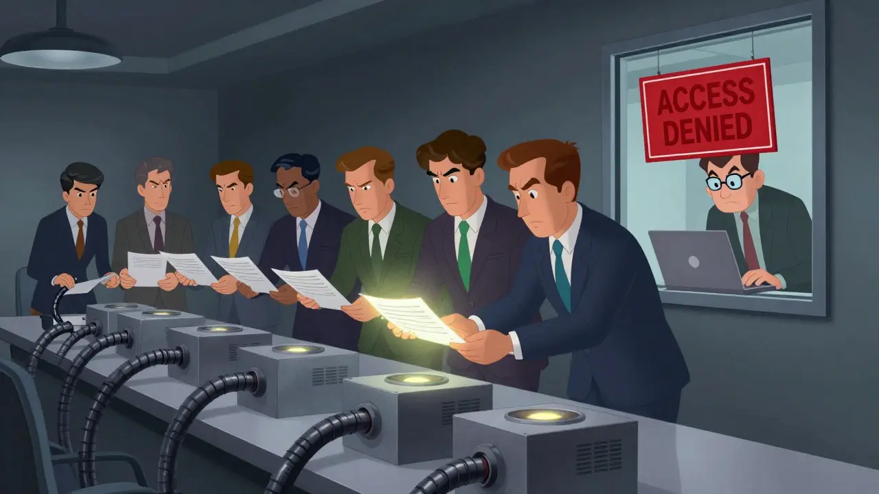 Corporate figures in a controlled environment blocking an outsider from accessing a private blockchain.