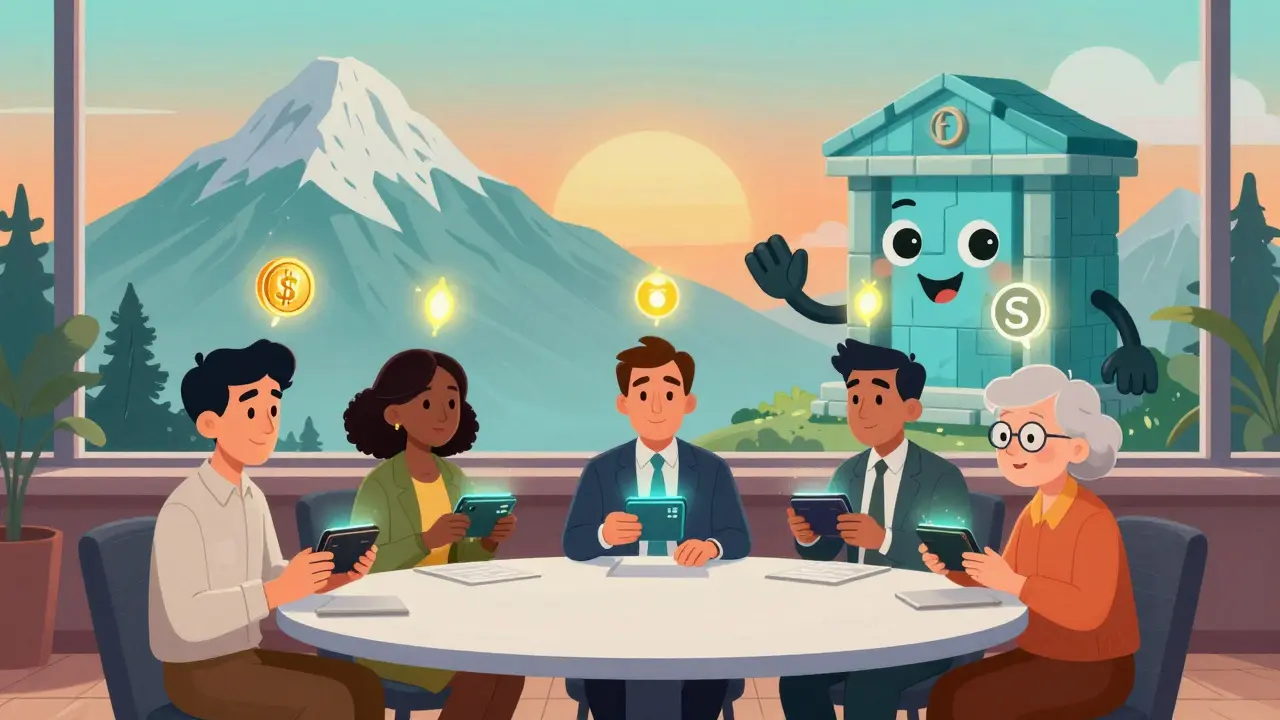 Diverse clients sit at a table with floating stablecoin icons, connected to a friendly blockchain-shaped bank mascot in a Swiss lobby.