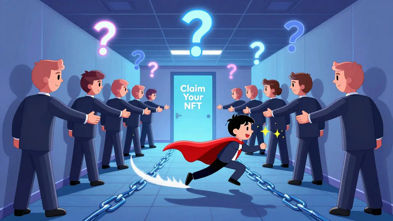 Dozens of cartoon people stretching toward a single &#039;Claim Your NFT&#039; door, while one hero zooms ahead in a trail of sparkles.