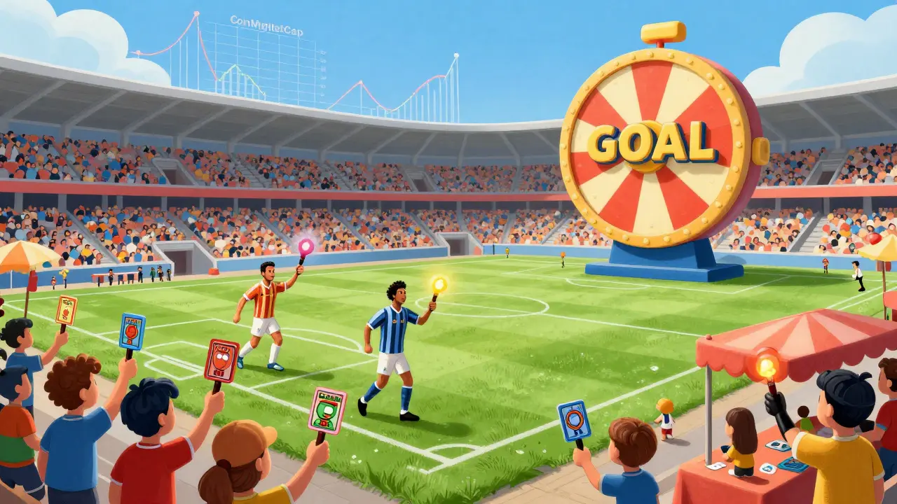 Fans use NFT cards to summon football legends in a digital stadium with a spinning GOAL token.