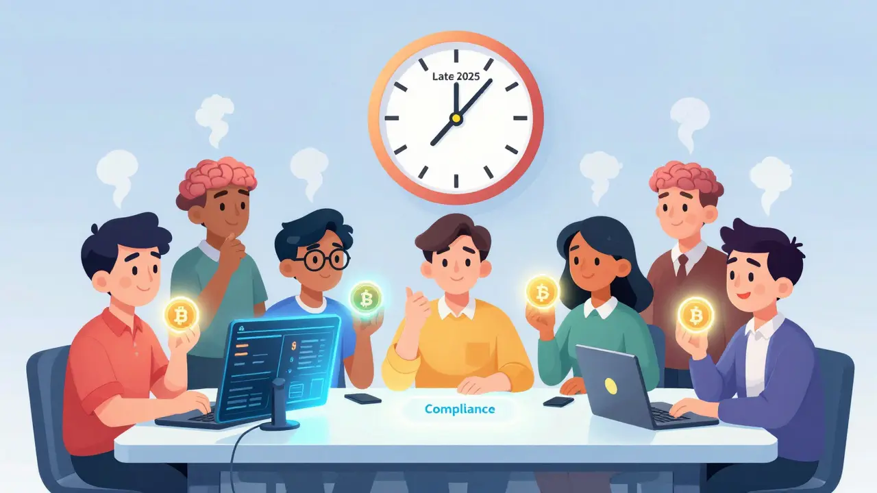 Global crypto users calmly reviewing real-time compliance updates on a glowing shared dashboard.