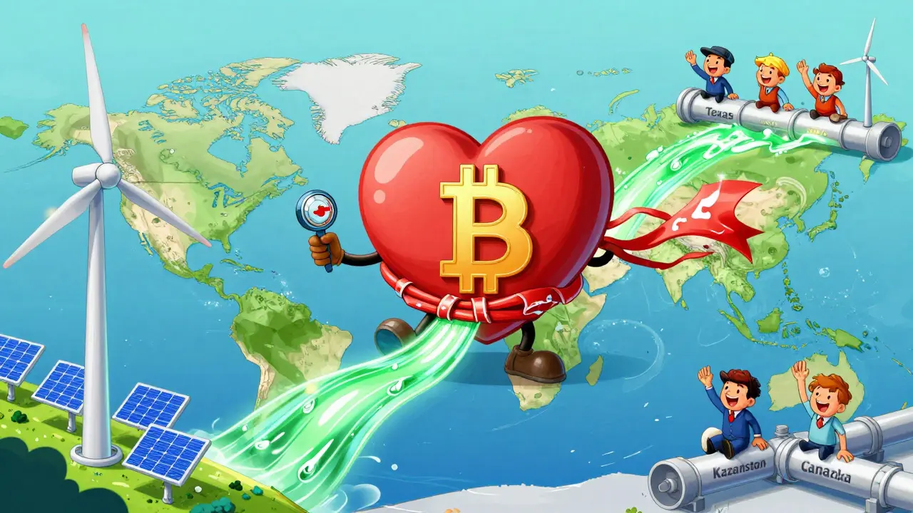 Global energy map flowing into a heart-shaped Bitcoin miner, regulators struggling with stretchy tape.