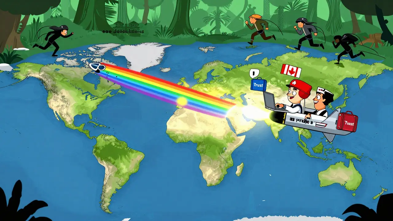 Glowing UAE sends compliance waves across a map as global developers fly in, while shady traders flee to a distant jungle.