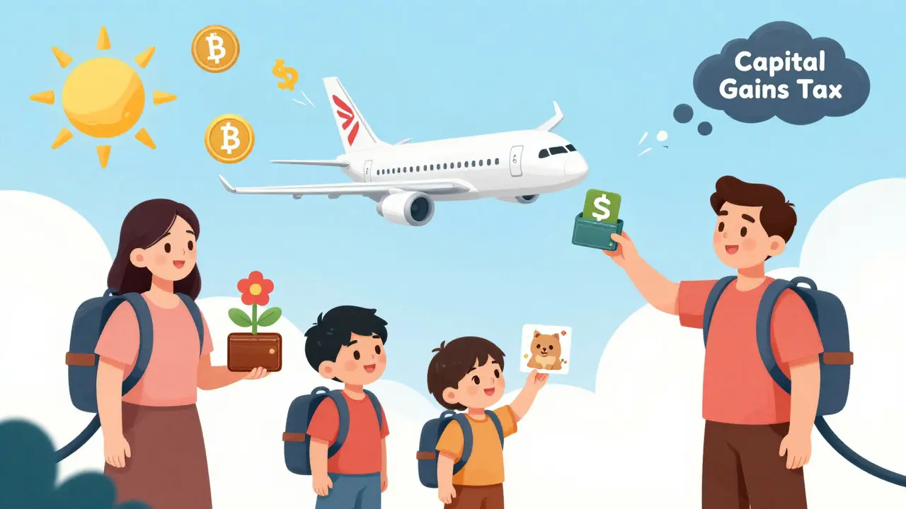 Singapore family using crypto wallets as backpacks, staking flowers and trading NFT pets under a zero-tax sun.