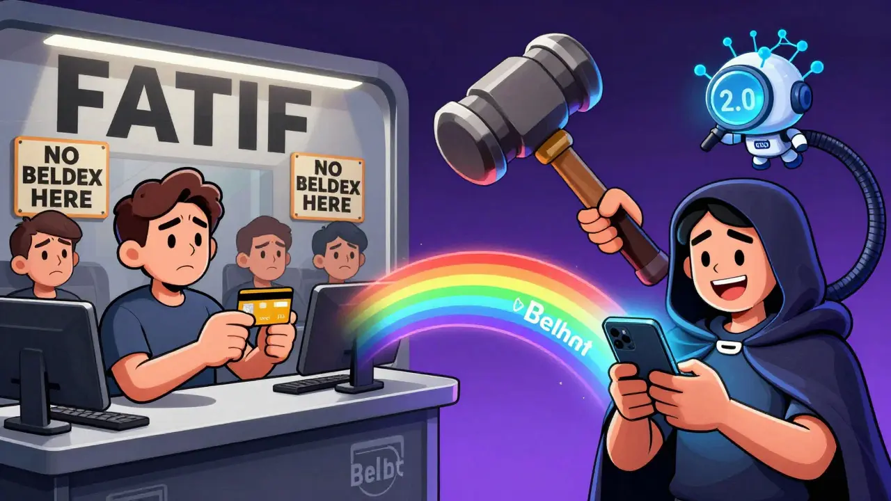 Split scene: left shows crypto exchange rejection, right shows a user using Beldex apps with privacy tools, while a tiny AI robot detects threats.