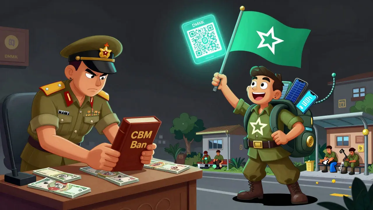 Split scene: military bans kyat on one side, NUG promotes digital currency on the other, traders thrive underground.