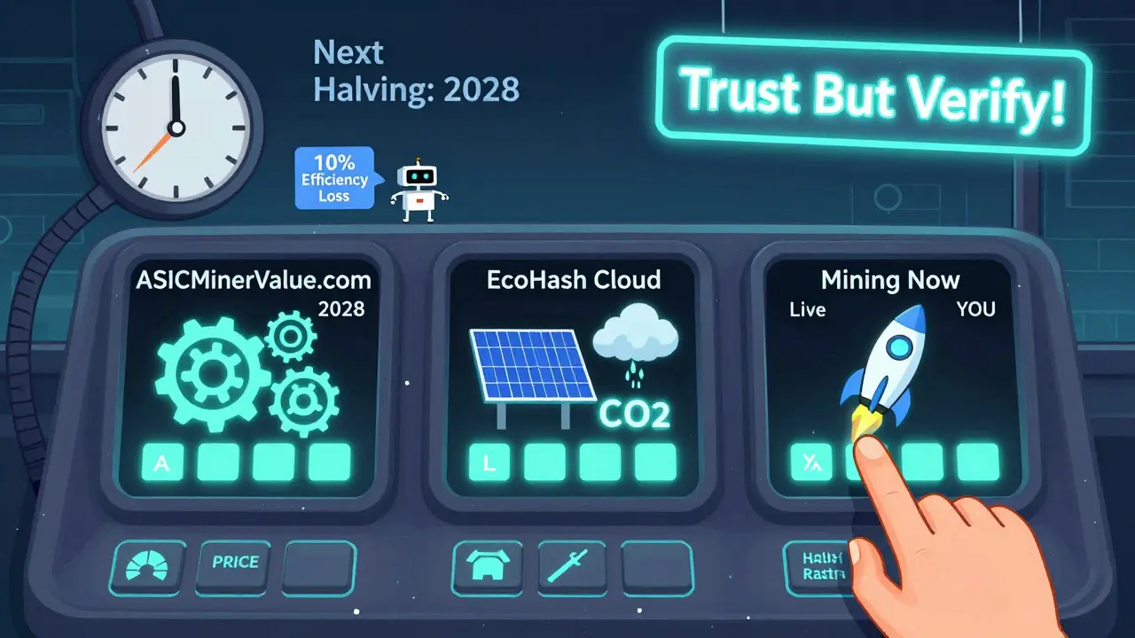Three animated calculators display live mining data as a hand adjusts sliders for price, difficulty, and efficiency.