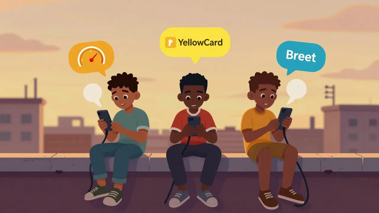 Three Nigerian teens on a rooftop using different crypto apps with animated icons popping from their phones at sunset.