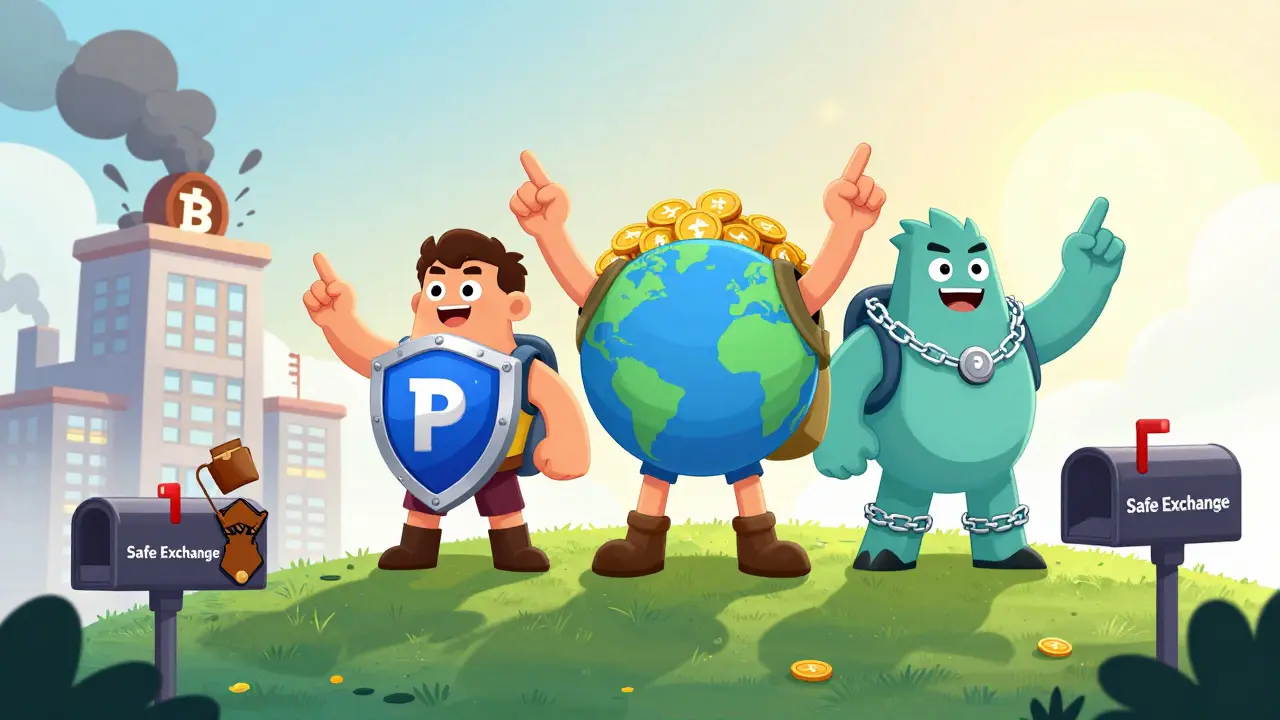 Three trusted crypto exchanges stand proudly as users deposit funds safely, while BiteBTC sinks in the distance.