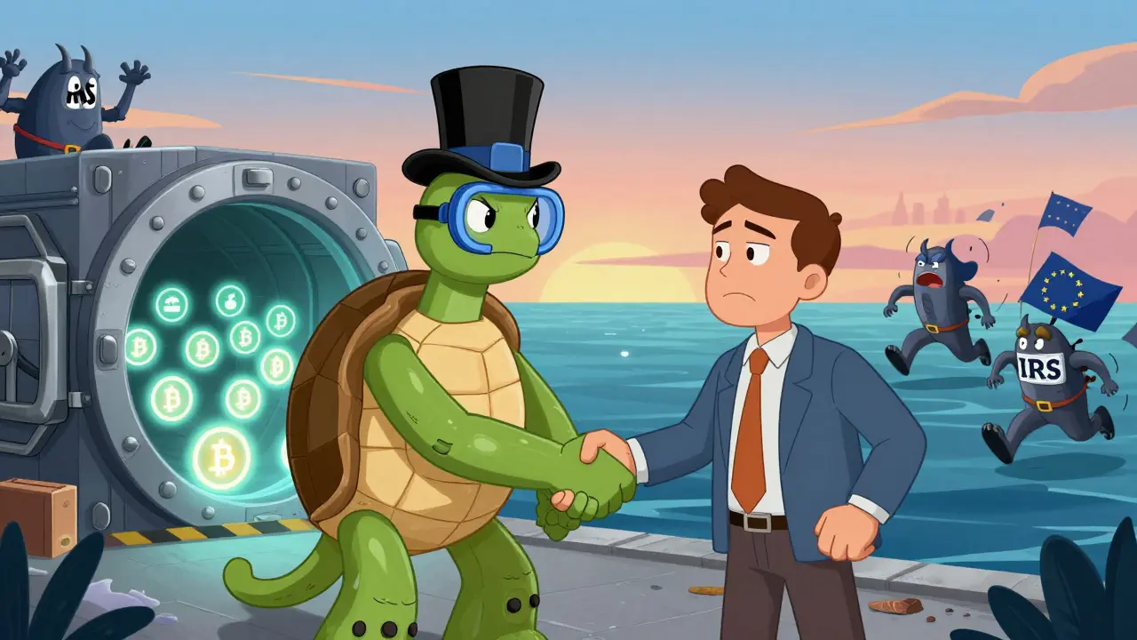 A Bermuda regulator shakes hands with a crypto founder as token icons enter a vault, while chaotic regulators chase each other in the background.