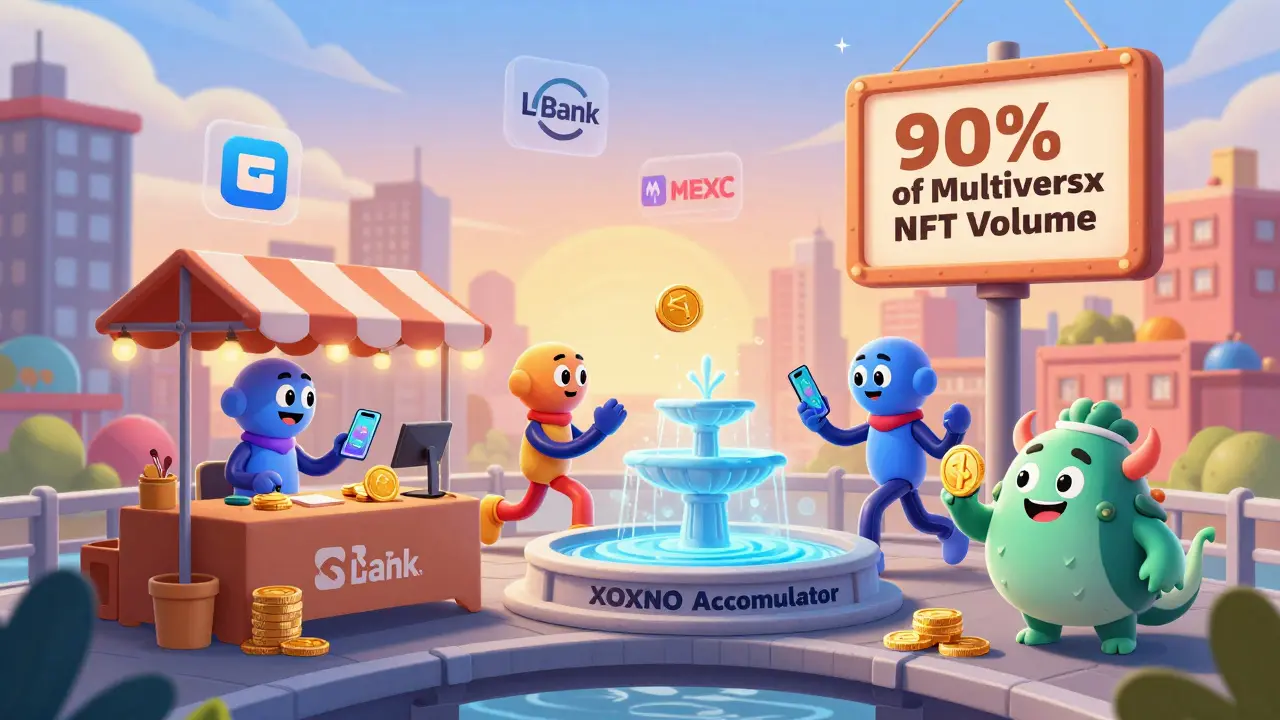 A cartoon city on a blockchain where token-headed characters trade NFTs, stake coins, and borrow assets.