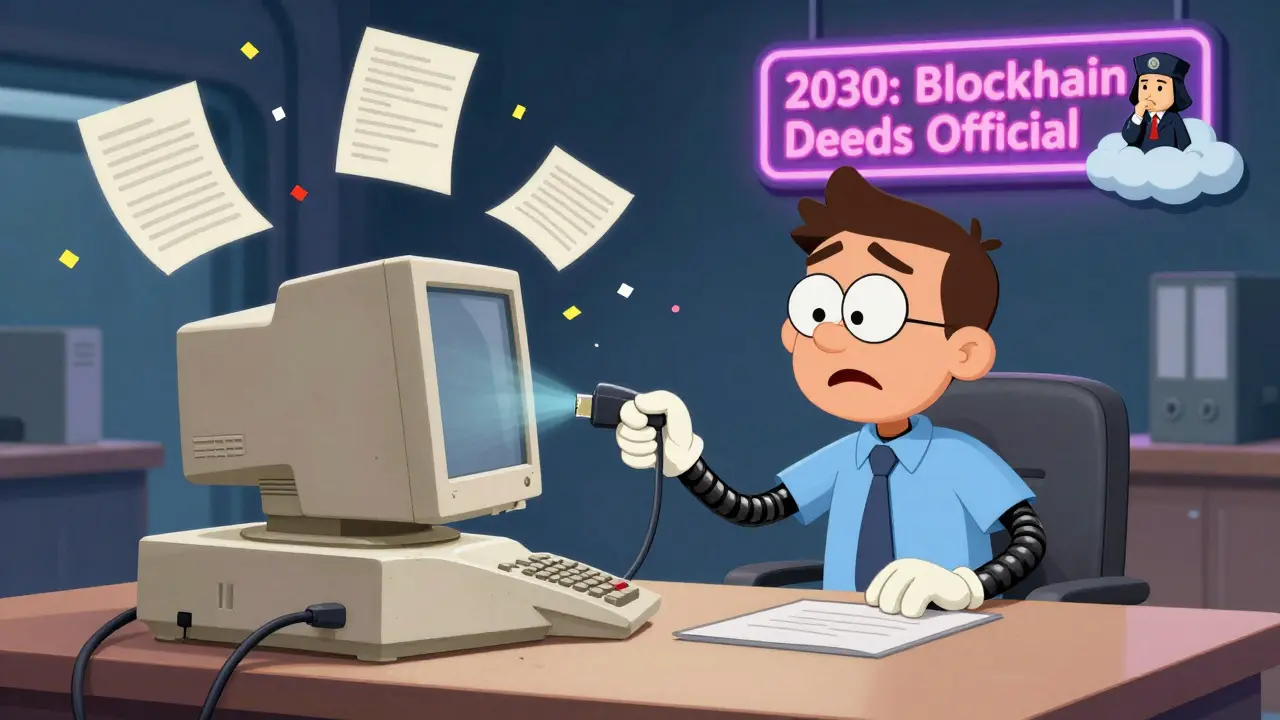 A cartoon clerk struggling to connect blockchain tech to an old computer while digital deeds float around.