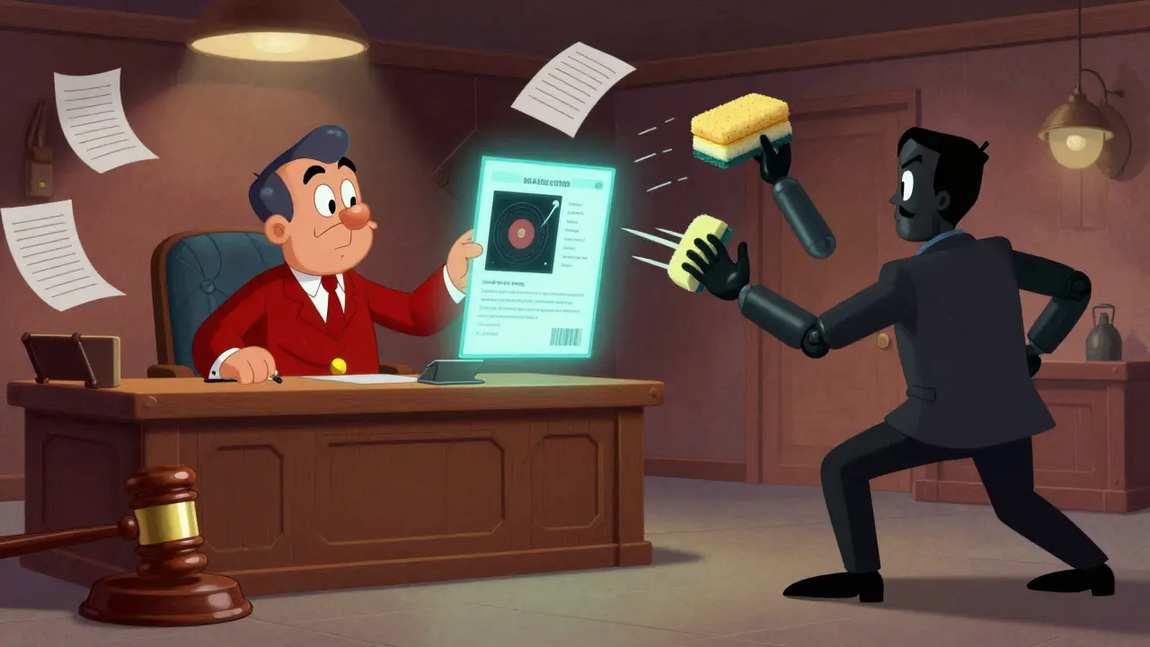 A cartoon courtroom scene with a blockchain record projected as evidence against a thief trying to erase it.