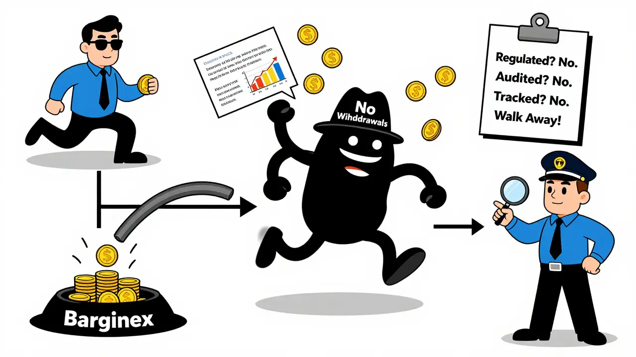 A cartoon victim is chased by a scam monster after depositing crypto, while a detective points to a 'Walk Away' checklist.