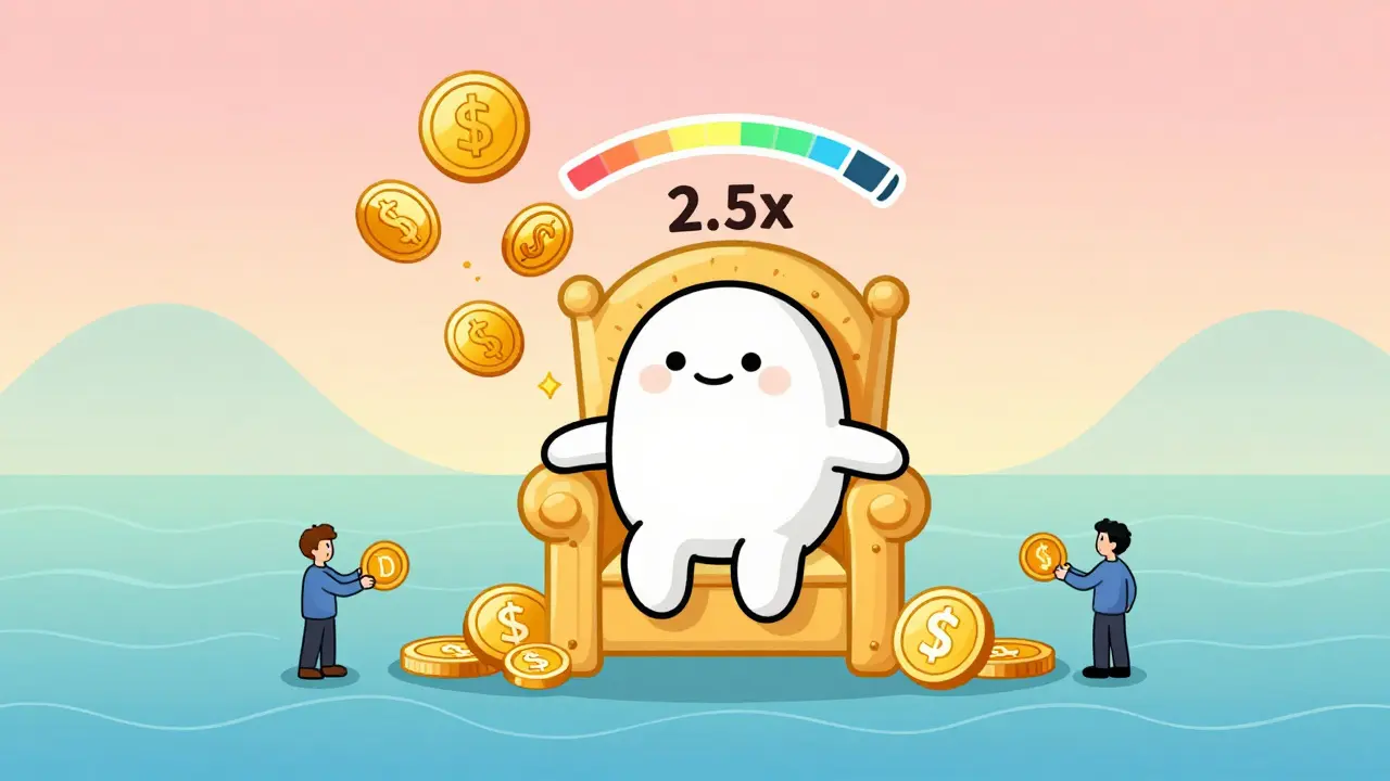 A character sits on a stablecoin throne with CRV coins floating up, symbolizing safe DeFi earnings.