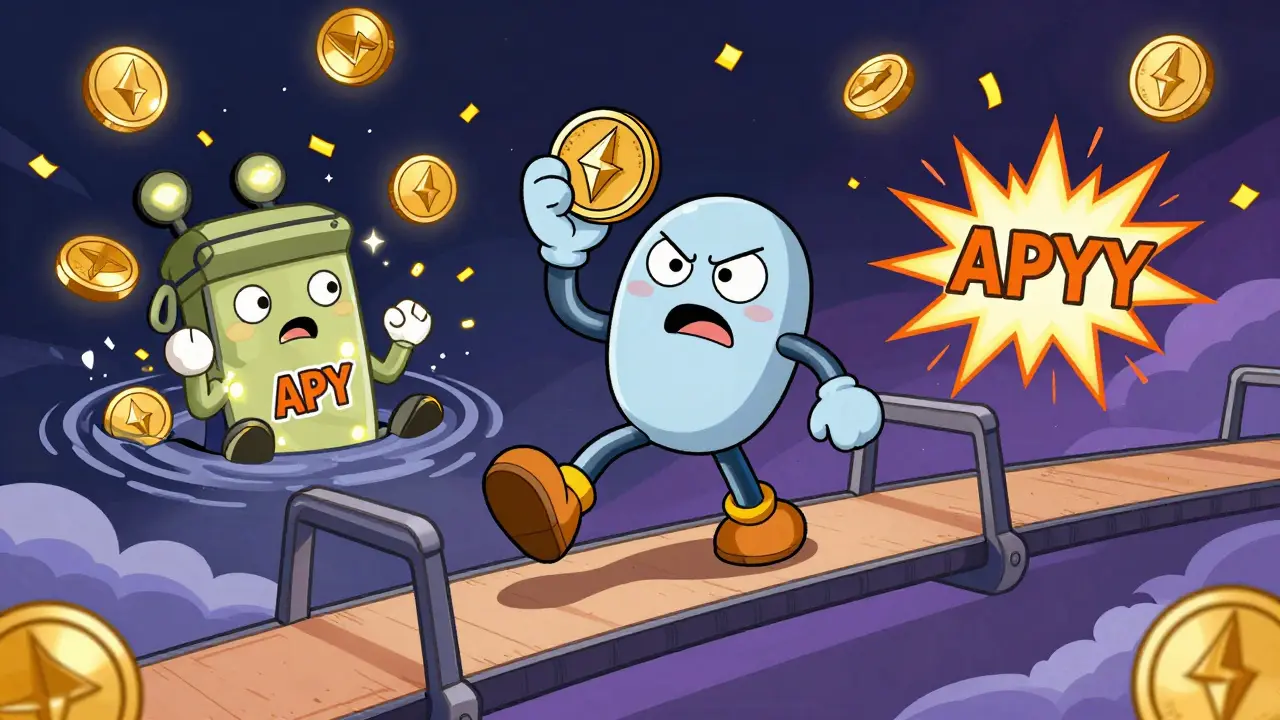 A character walks on a self-adjusting bridge with ETH, earning BNT coins as rewards.