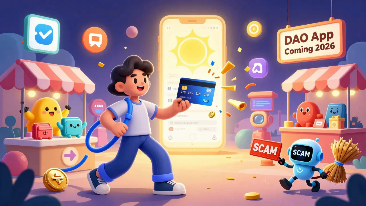 A cheerful user buying MOONED on MEXC while friendly wallet creatures wave in a glowing digital marketplace.