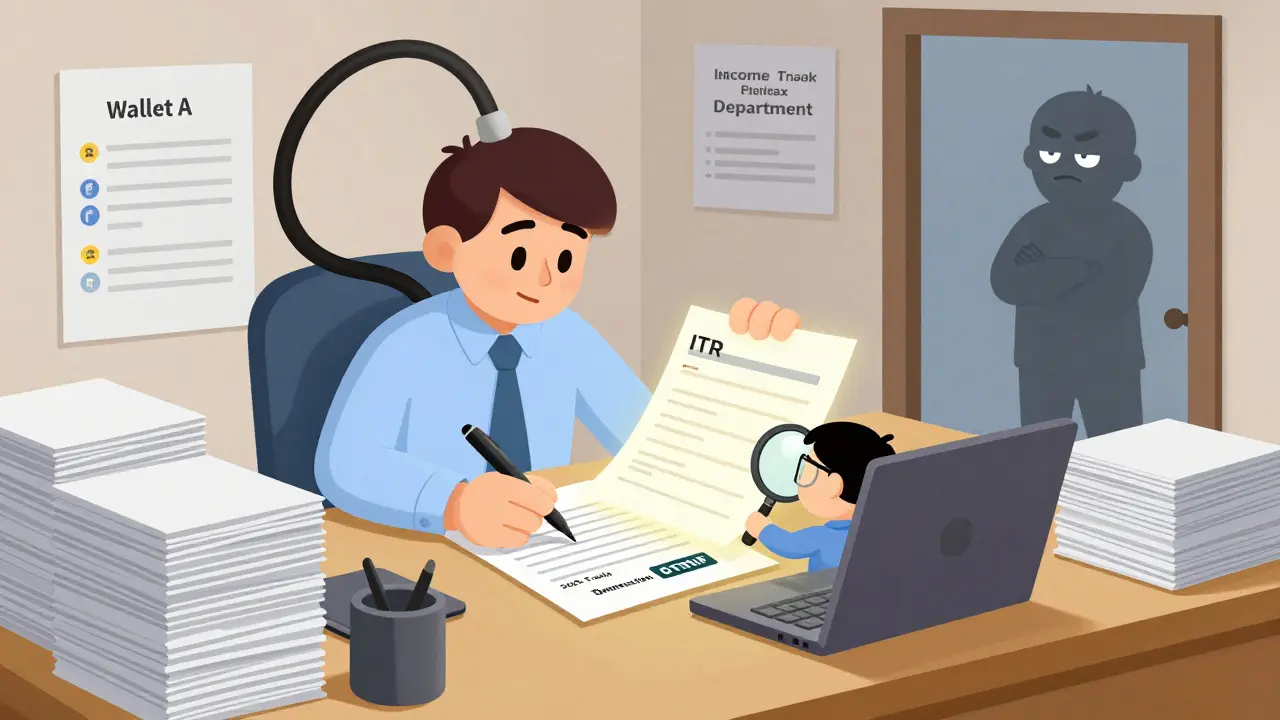 A cluttered desk with crypto records and tax software as a tiny accountant helps a trader file an ITR form.