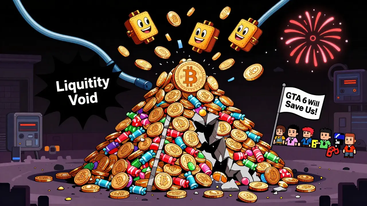 A collapsing pyramid of CJ tokens falling as top wallets dump them into a void, with nostalgic gamers clinging to hope.