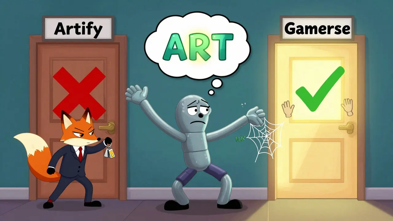 A confused person choosing between Artify and Gamerse doors, with a sneaky fox trying to steal wallet keys near the wrong one.
