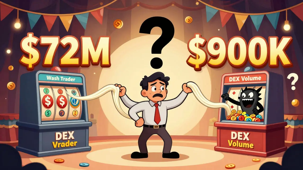 A confused trader caught between wildly different volume numbers in a circus-themed DeFi carnival with a sneaky wash trader.
