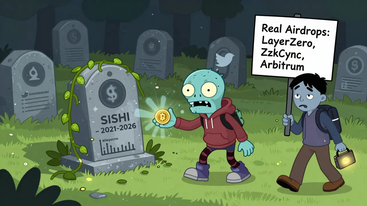 A crypto graveyard with a SISHI tombstone as zombies try to sell worthless tokens.