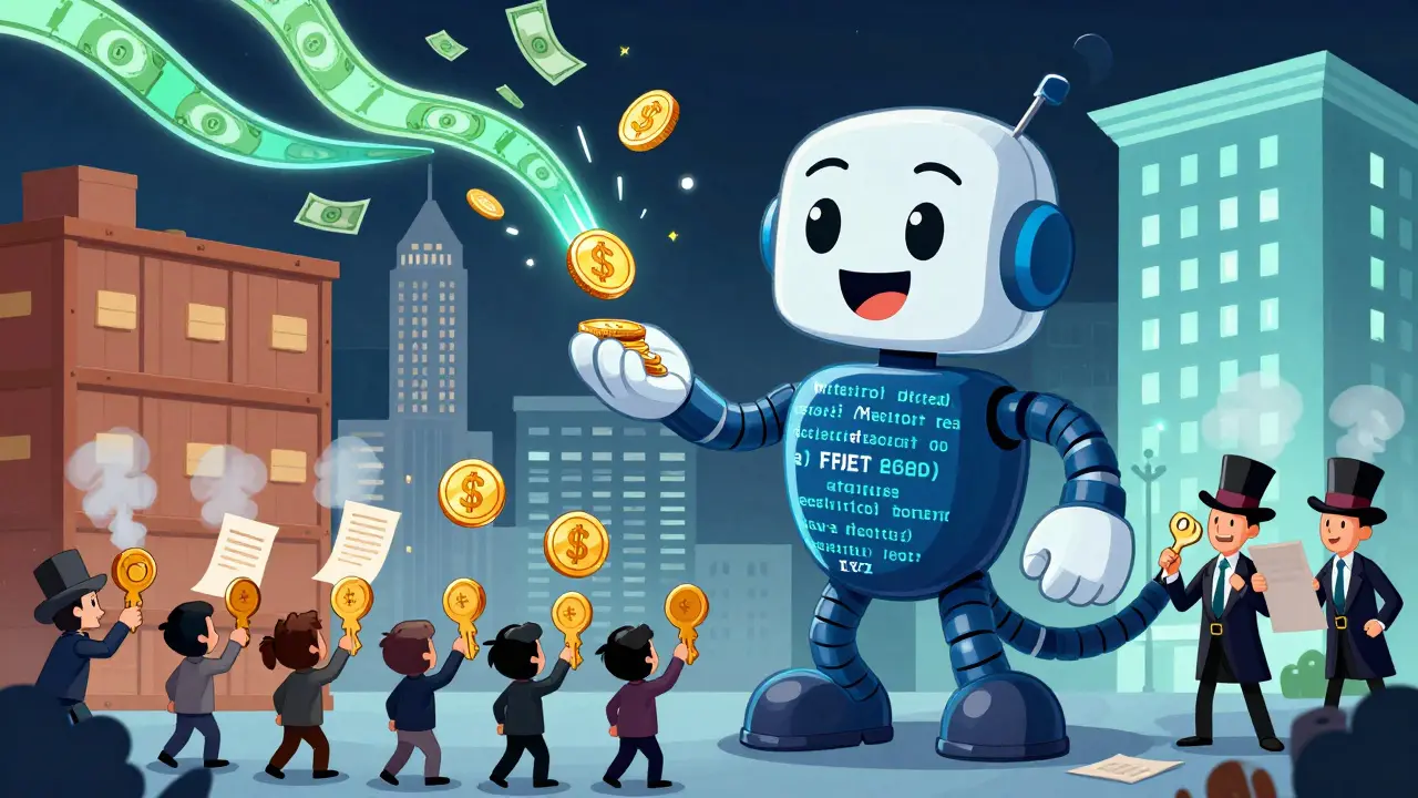 A friendly smart contract robot distributing rent coins to small investors, with buildings glowing behind.