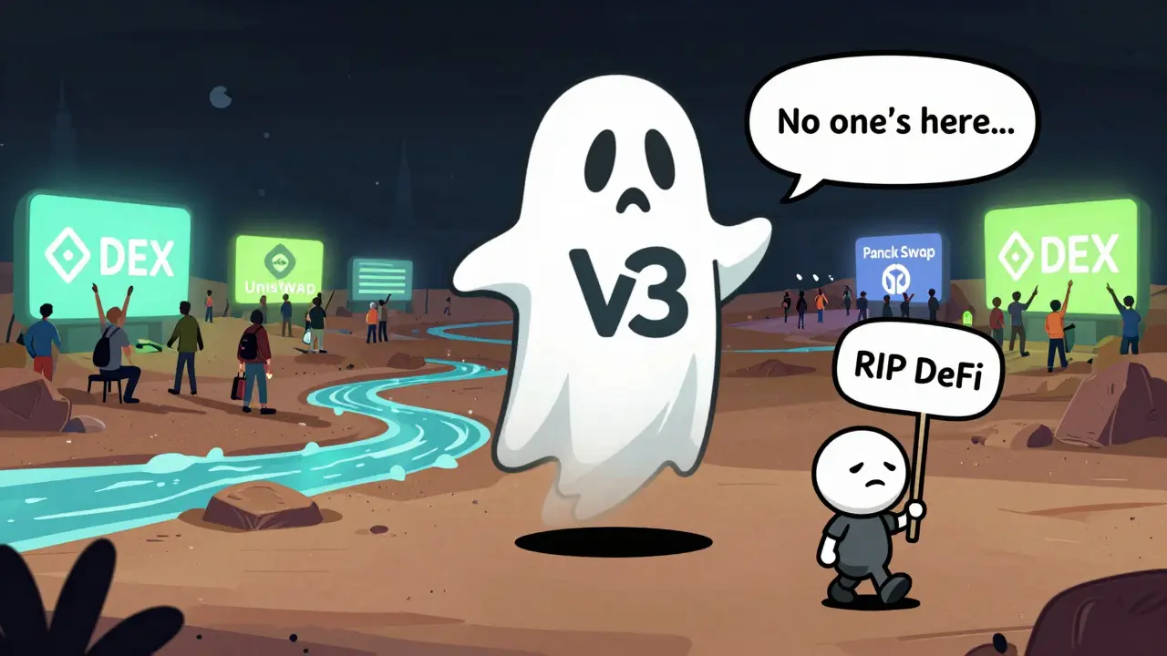 A ghostly KaiDex V3 logo floats above a barren blockchain while other DEXs glow brightly in the distance.